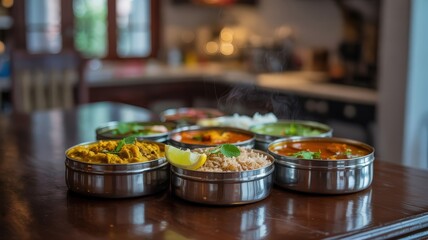 Assortment of Indian Curries and Rice Served in Traditional Metal Bowls.
