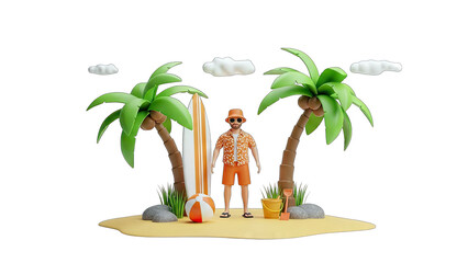 3D Cartoon Man on Tropical Beach with Surfboard