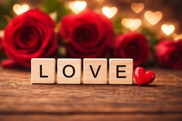 Love displayed with scrabble tiles and roses