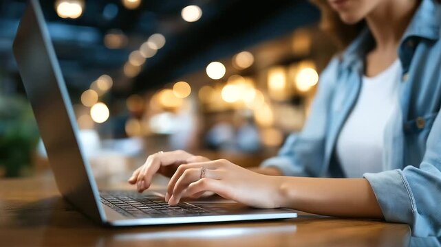 Faceless person working on laptop to optimize location listings and enhance online reputation, focusing on local SEO to boost business reviews, defocused screen, with copy space