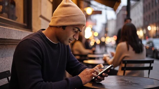 A man in a beige hat and dark sweater sitting at a table looking at his phone