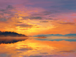 Serene lake at sunset with misty mountains and vibrant sky.
