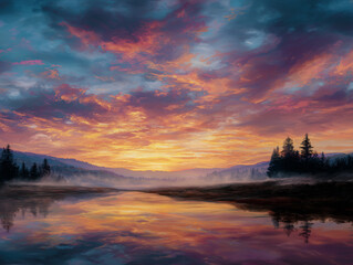 Vibrant sunset over serene mountain landscape with misty river.