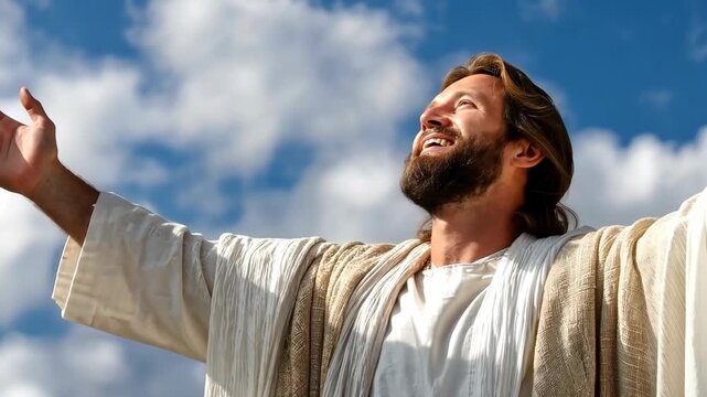 Jesus christ raises his arms in praise against a beautiful sky in a daytime depiction