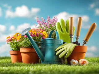 Gardening tools and flowers on green grass with blue sky.