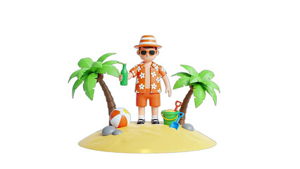 3D Cartoon Tourist on Tropical Island with Beer