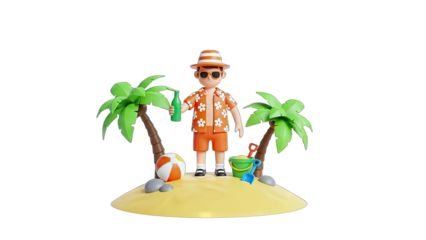 3D Cartoon Tourist on Tropical Island with Beer