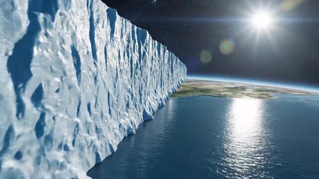 Conceptual depiction of a flat earth's boundary, showcasing a gigantic ice wall marking the world's end, with space and a brilliant sun beyond the horizon