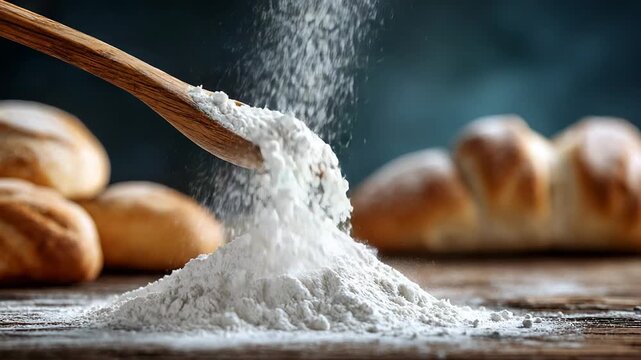 Flour dusting over bread and wooden spoon