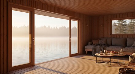 Warm wooden bedroom with large window facing calm misty lake at sunrise, soft light and natural tones creating a peaceful retreat mood.