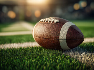 American football on green field with white lines at sunset.