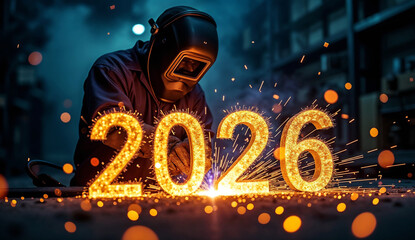 Process of welding the number 2026 in the workshop.