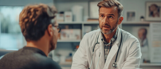 Obraz premium The doctor listens attentively to the patient, demonstrating trust and professionalism, which will be the ideal backdrop for advertising medical services.