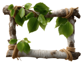 Rustic wooden frame with green leaves and twine accents