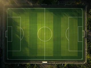 Professional soccer field with white markings on lush green grass.