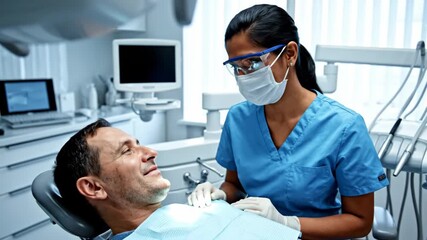 Professional dental care provided by female dentist to male patient in modern clinic setting. Dentist wearing mask, safety glasses, and scrubs delivers attentive dental care,