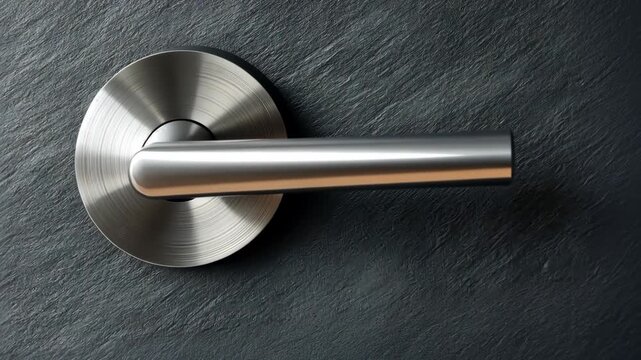 Close up of a brushed metal door handle on a dark textured door in an interior of a house