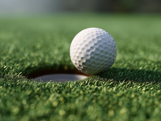 Golf ball on green grass near hole on golf course outdoors.