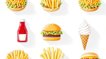 Fast food collection of hamburgers, french fries, and ice cream on white