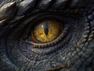 Close-up of a dragon's eye with golden iris and sharp scales.