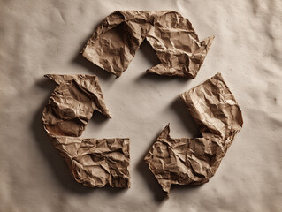 Recycling symbol made from crumpled brown paper on beige background.
