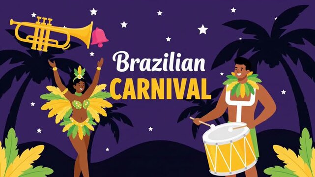 Brazilian carnival night party poster with samba dancers and musical instruments