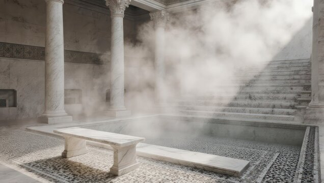 Ethereal steam fills an ancient Roman bathhouse with columns and sunlight.