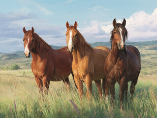 Three beautiful horses standing together in a lush green meadow.