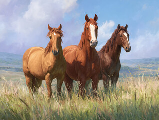 Three beautiful horses standing together in a serene natural landscape.