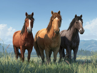 Three horses standing together in a lush green field on a sunny day.