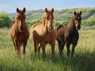 Three beautiful horses standing together in a lush green meadow.