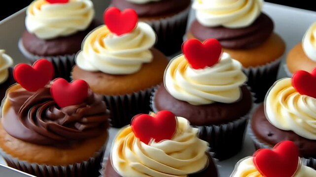 Lovely cupcakes with hearts for Valentine's Day sitting in a box under warm light from a window