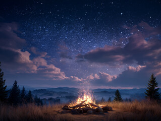 Cozy campfire under starry night sky with clouds and mountains.