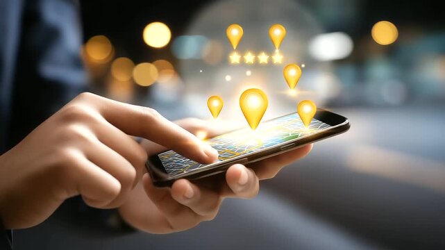 Faceless hand holding smartphone with virtual map and location pin, smart local business search with five-star rating, digital navigation for local SEO, with copy space