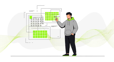 Digital scheduler interface navigated by a user wearing a hoodie to manage schedules effectively