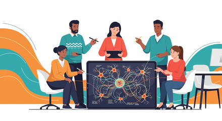 Diverse team collaborating on neuroscience project analyzing neuron network on large screen display