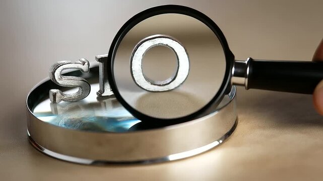 Magnifying glass with letters SEO representing search engine optimization concept, simple clean visualization on neutral background, with copy space
