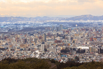 Obraz premium Panoramic winter view of Morioka city in Iwate Prefecture, Japan.