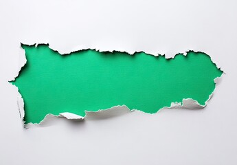 Obraz premium Torn white paper with separated piece on green background, highlighting texture and dynamic edges