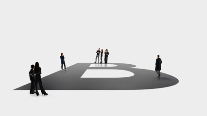 Modern business artwork with group standing on letter B. Concept of brand development visuals, business growth stages, team alignment content, corporate identity storytelling, and strategy decks.