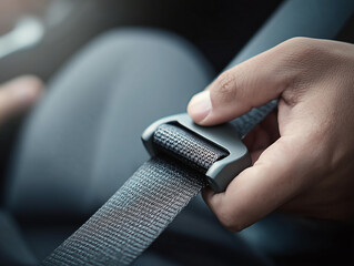 Close-up of hand buckling car seatbelt for safe driving.