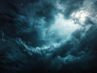 Dramatic ocean waves crashing under stormy sky with sunlight filtering through.