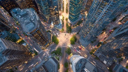 Traffic flows through a city intersection at night with bright lights from buildings and cars. The scene shows the busy activity of a metropolitan area from above