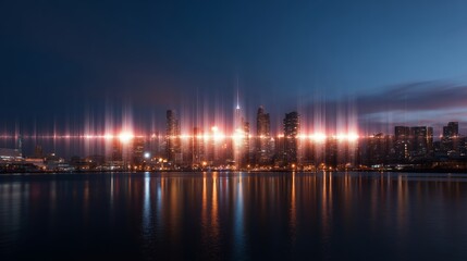 Fototapeta premium City skyline reflects bright lights on water at twilight during evening hours