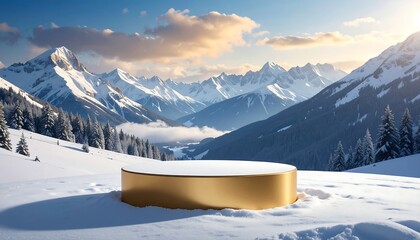 A golden, snow-covered platform rests against a stunning backdrop of snow-capped mountains and a serene valley under a sunset sky