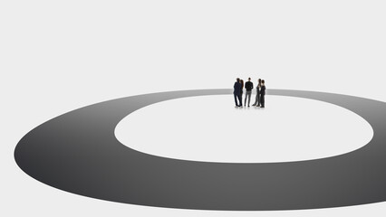 Strategic business composition with professionals standing on letter O. Concept of operational cycles visuals, workflow continuity themes, management systems, and consulting frameworks.