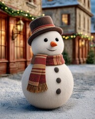 Cute snowman with striped scarf and hat stands on a snowy village street adorned with warm holiday lights, perfect for Christmas cards, seasonal ads, or winter stories.
