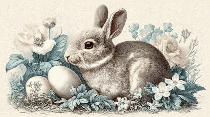 Vintage Easter Bunny with Eggs and Flowers
