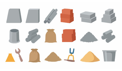 Cartoon construction materials vector set with concrete bricks pipes and sand isolated on transparent background
