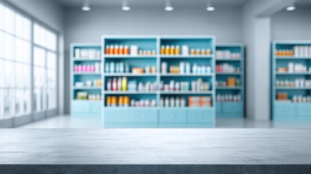 Pharmacy interior with shelves of medicine and a concrete table in the foreground.